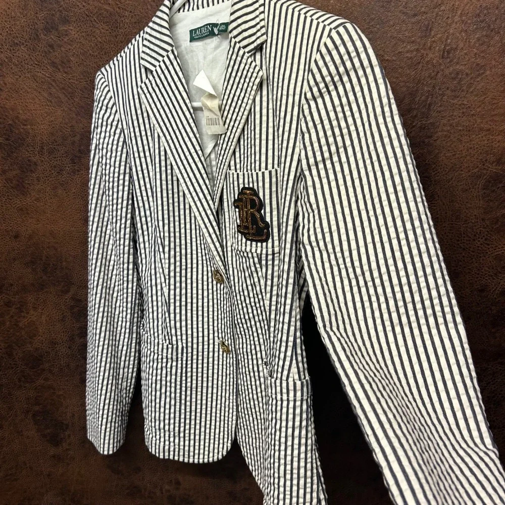 NWT Lauren Ralph Lauren Black Cream Gold Rope Logo Blazer Vintage Size 4 Pockets - Picture 4 of 7
